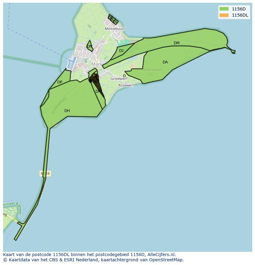 Afbeelding van het postcodegebied 1156 DL op de kaart.