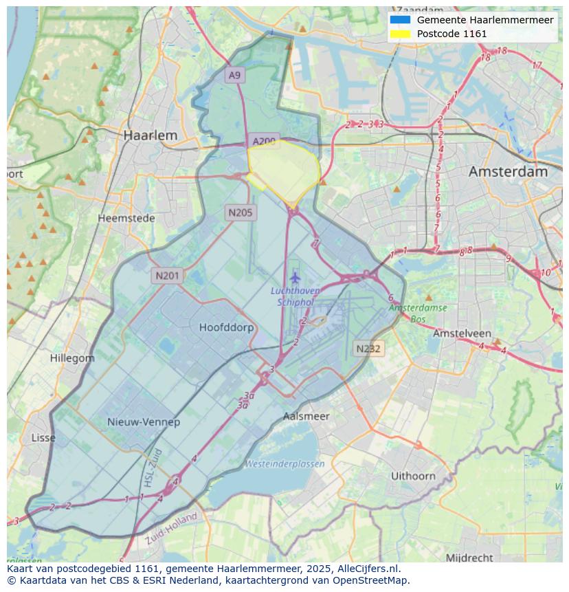 Afbeelding van het postcodegebied 1161 op de kaart.
