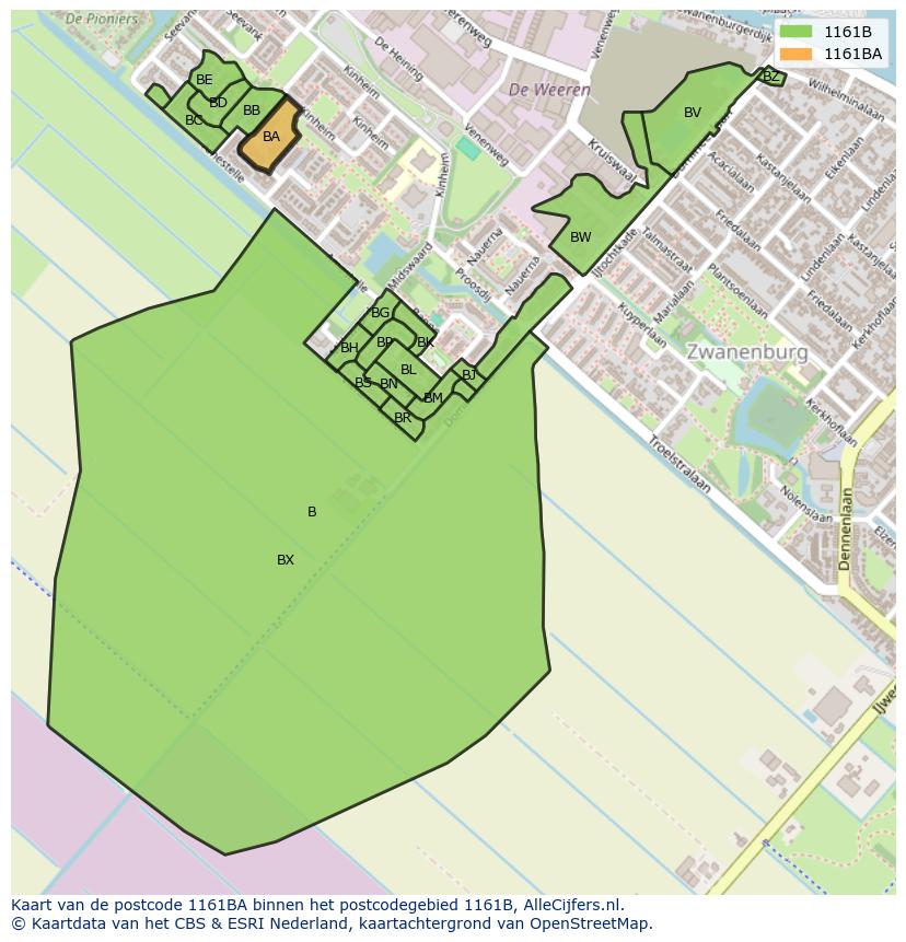 Afbeelding van het postcodegebied 1161 BA op de kaart.