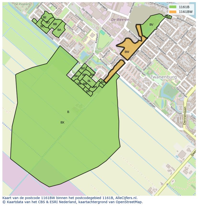 Afbeelding van het postcodegebied 1161 BW op de kaart.