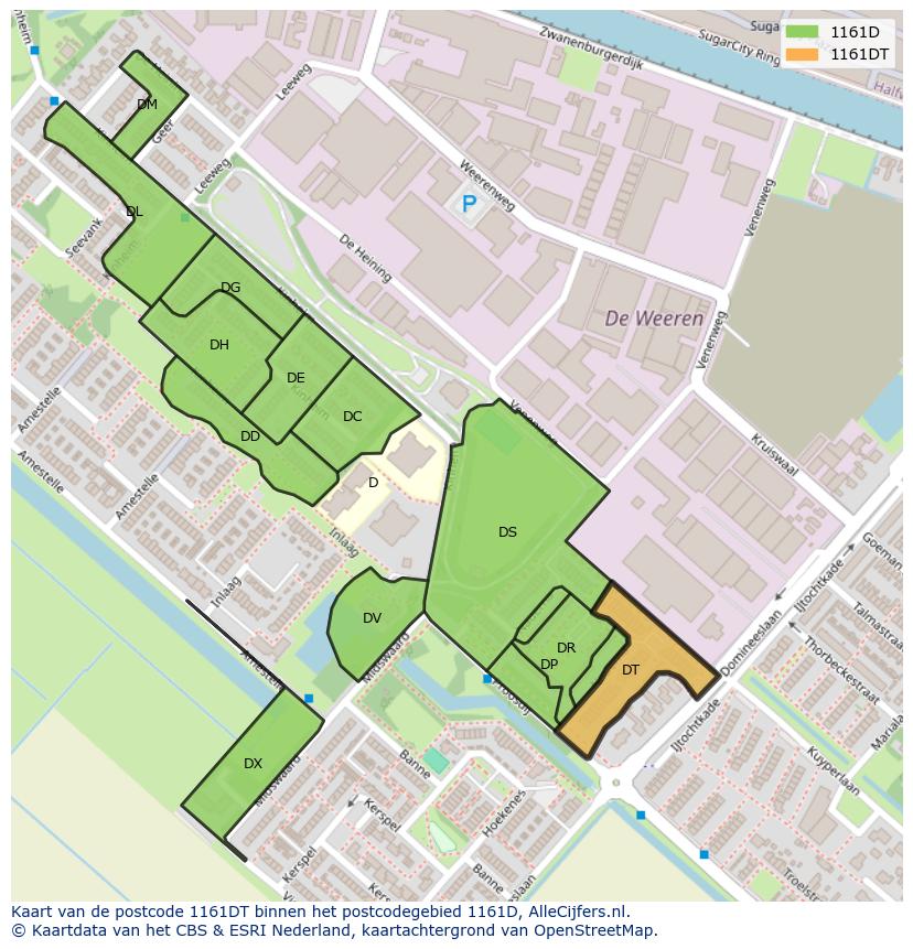 Afbeelding van het postcodegebied 1161 DT op de kaart.