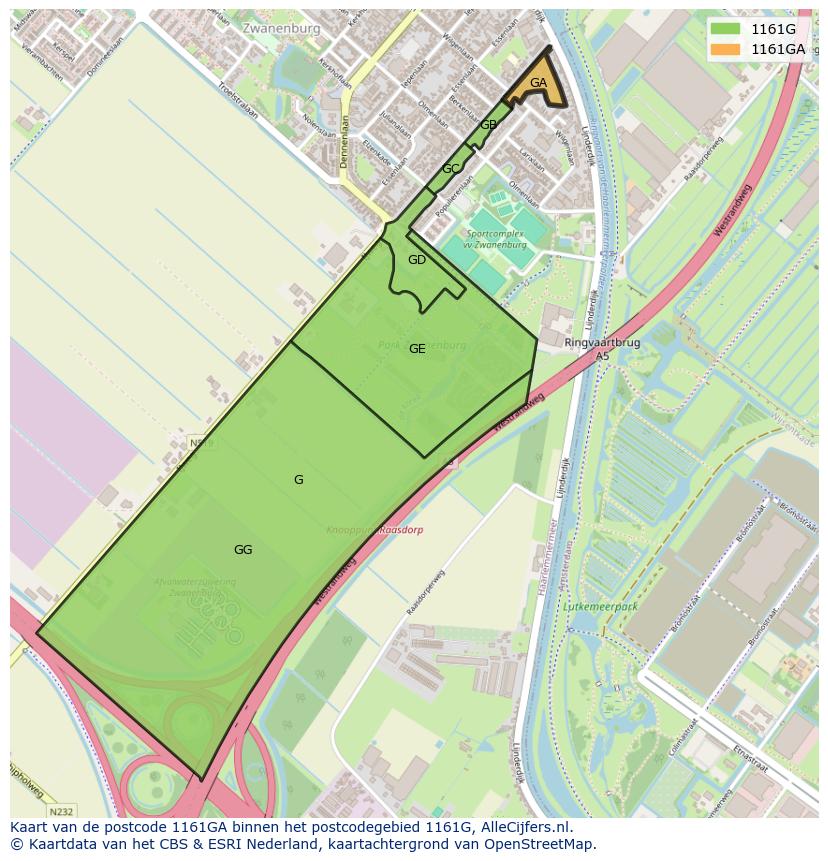 Afbeelding van het postcodegebied 1161 GA op de kaart.