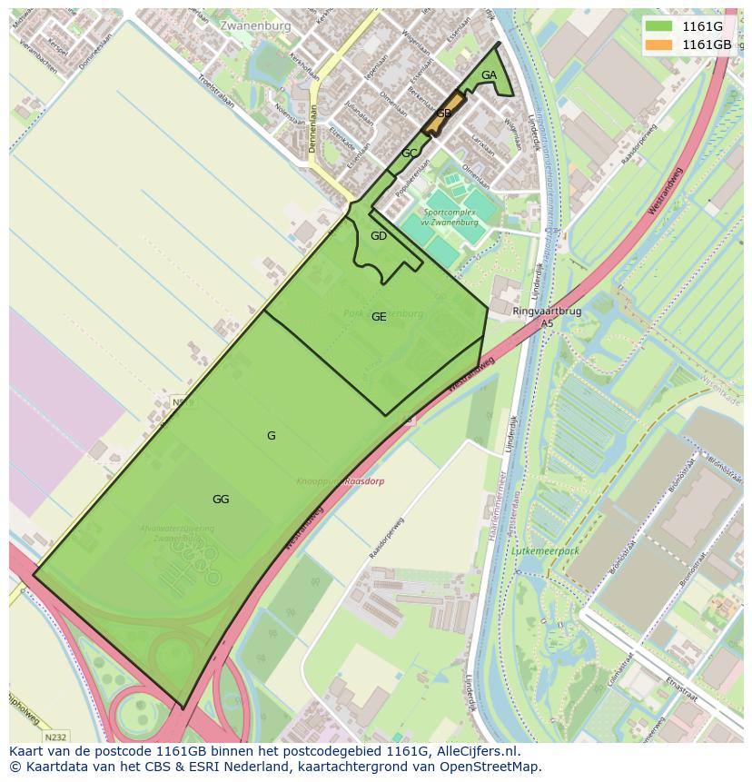 Afbeelding van het postcodegebied 1161 GB op de kaart.