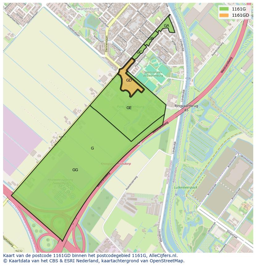 Afbeelding van het postcodegebied 1161 GD op de kaart.