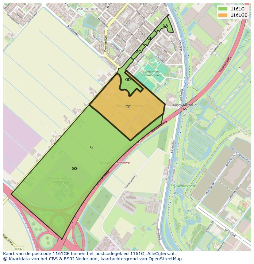 Afbeelding van het postcodegebied 1161 GE op de kaart.