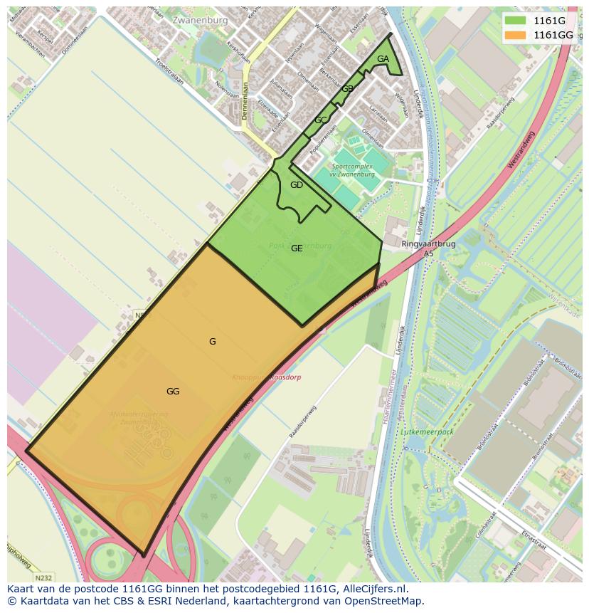 Afbeelding van het postcodegebied 1161 GG op de kaart.