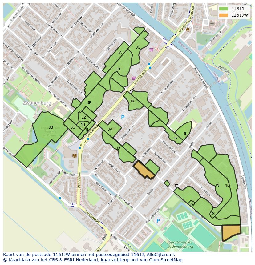 Afbeelding van het postcodegebied 1161 JW op de kaart.