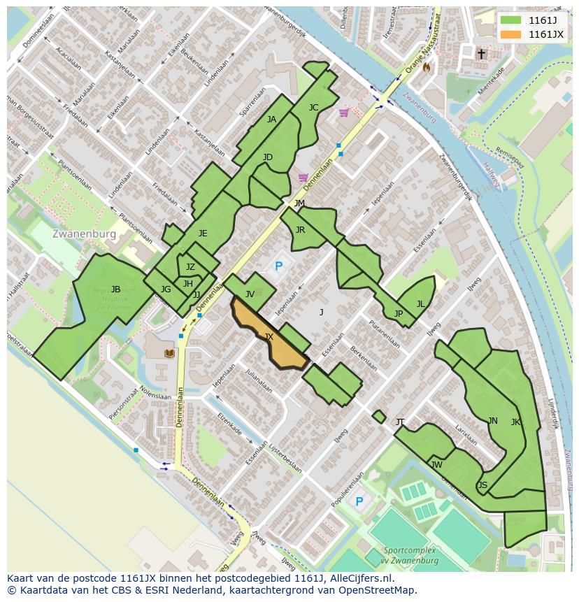 Afbeelding van het postcodegebied 1161 JX op de kaart.
