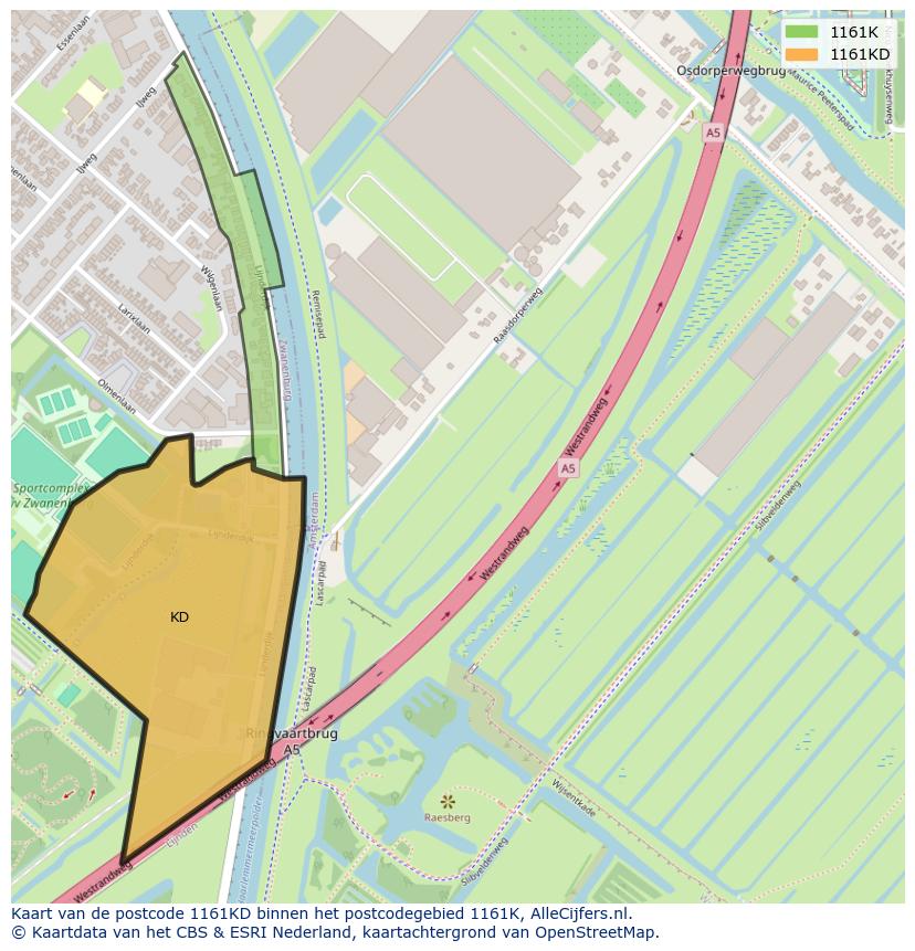 Afbeelding van het postcodegebied 1161 KD op de kaart.
