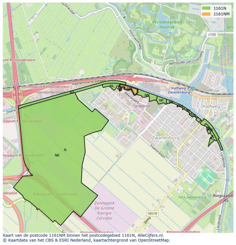 Afbeelding van het postcodegebied 1161 NM op de kaart.