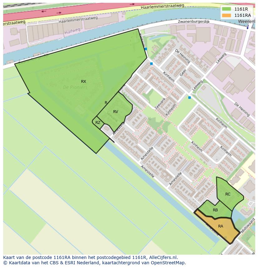 Afbeelding van het postcodegebied 1161 RA op de kaart.