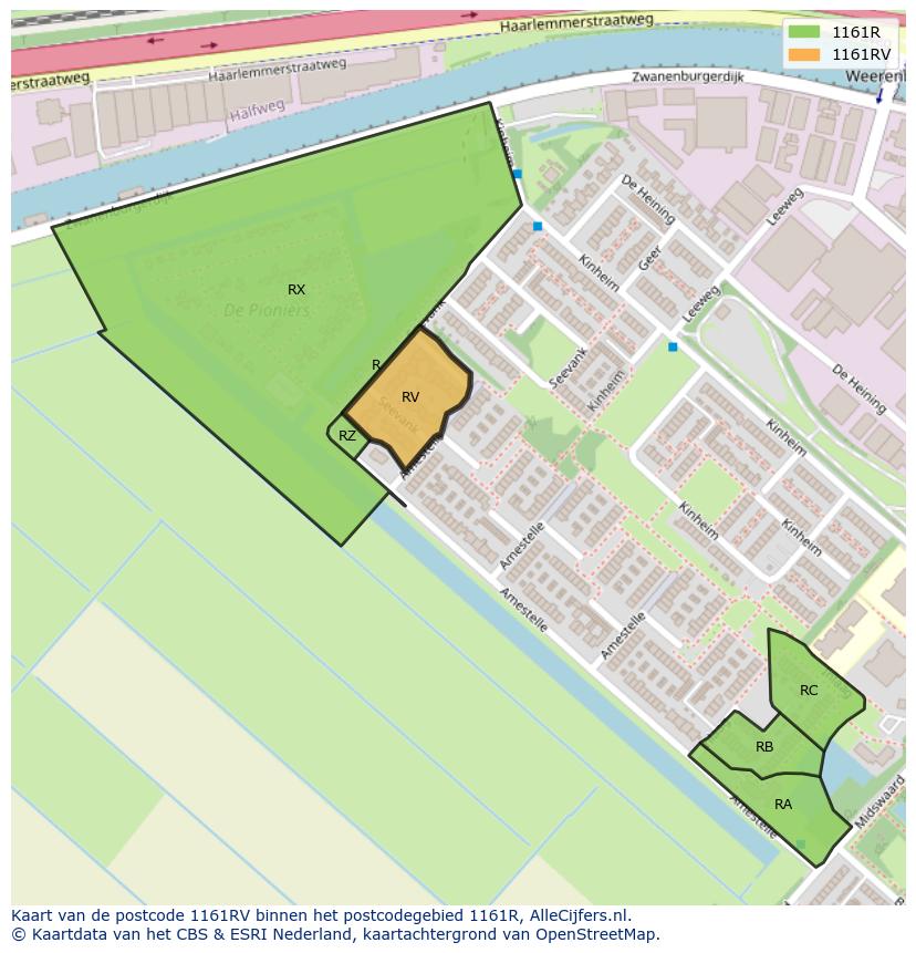 Afbeelding van het postcodegebied 1161 RV op de kaart.