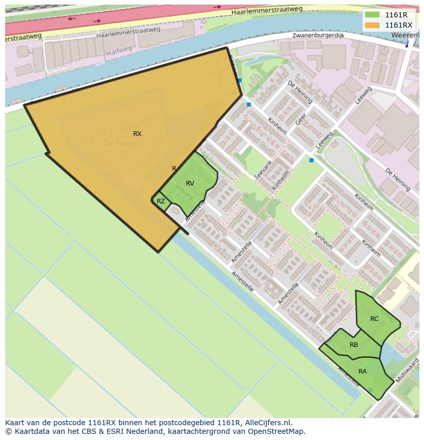Afbeelding van het postcodegebied 1161 RX op de kaart.