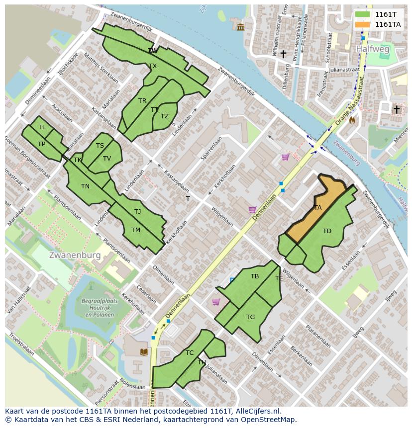 Afbeelding van het postcodegebied 1161 TA op de kaart.