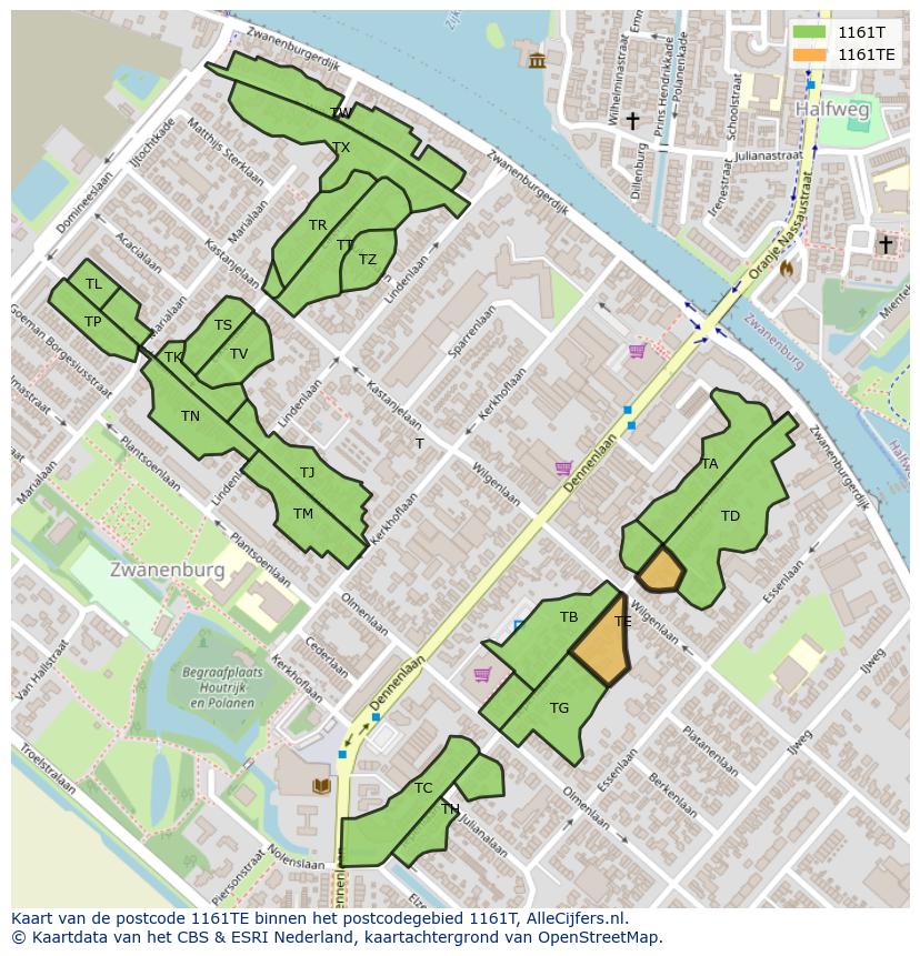 Afbeelding van het postcodegebied 1161 TE op de kaart.