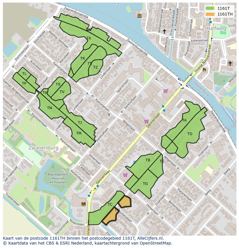 Afbeelding van het postcodegebied 1161 TH op de kaart.