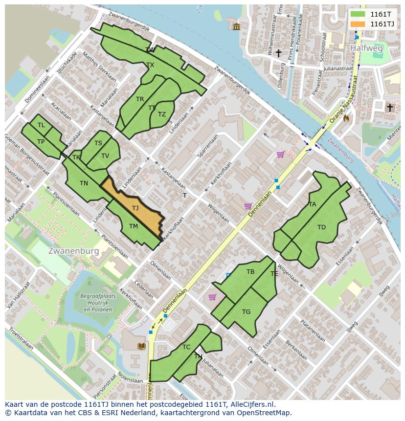 Afbeelding van het postcodegebied 1161 TJ op de kaart.
