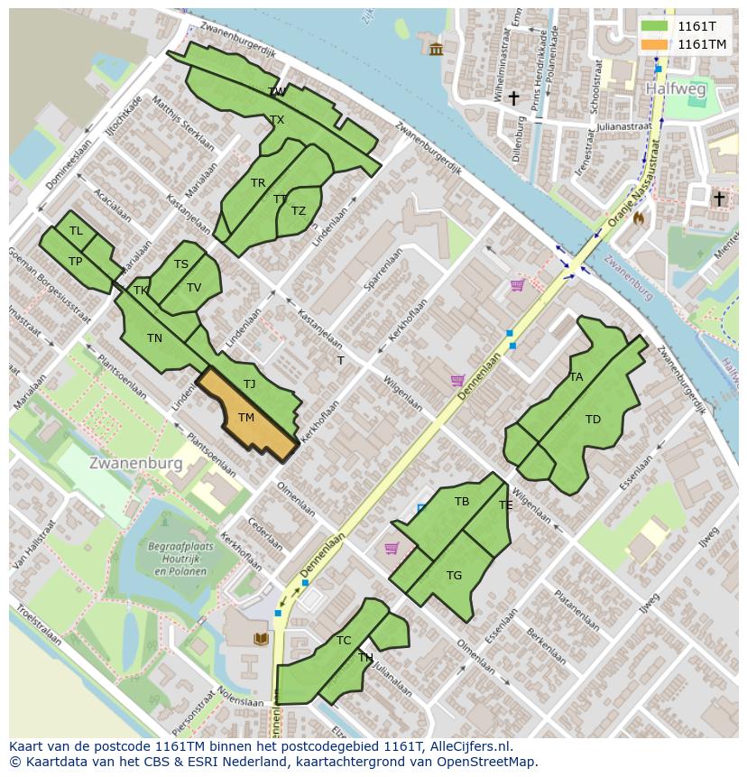 Afbeelding van het postcodegebied 1161 TM op de kaart.