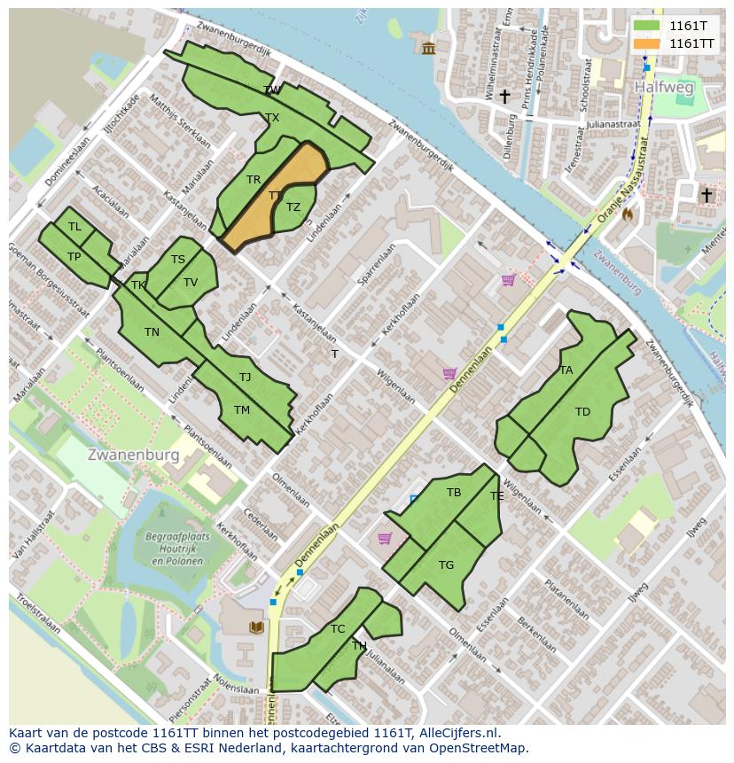 Afbeelding van het postcodegebied 1161 TT op de kaart.