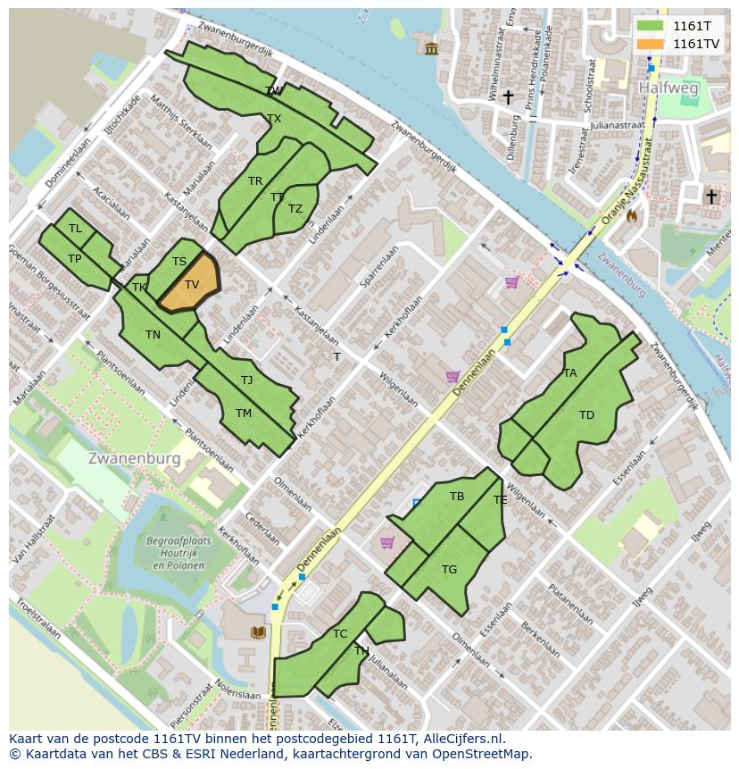 Afbeelding van het postcodegebied 1161 TV op de kaart.