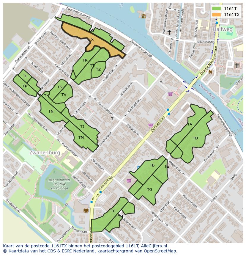 Afbeelding van het postcodegebied 1161 TX op de kaart.