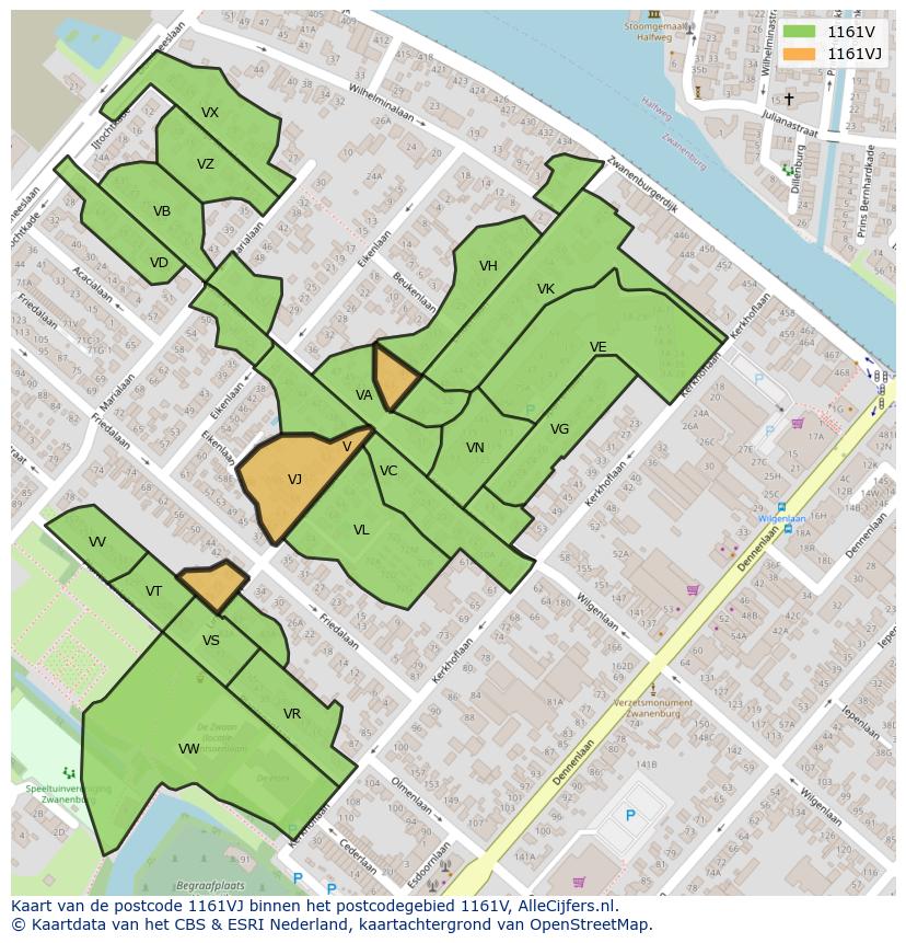 Afbeelding van het postcodegebied 1161 VJ op de kaart.