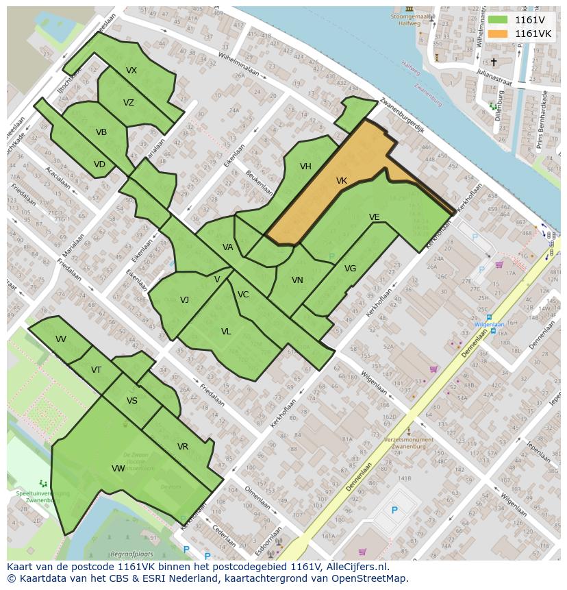 Afbeelding van het postcodegebied 1161 VK op de kaart.