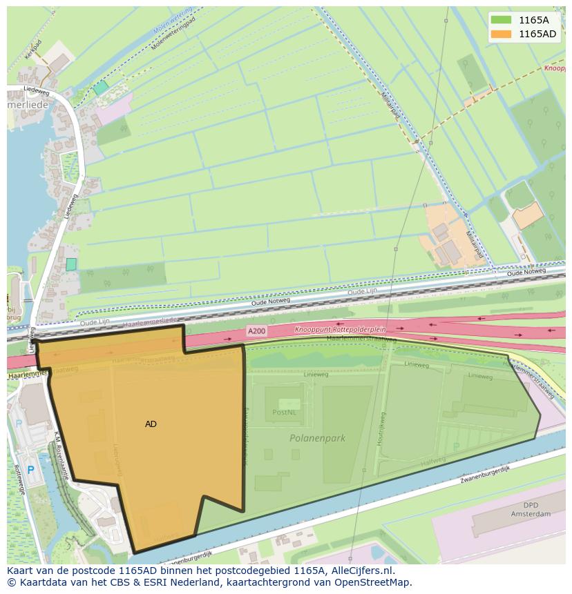 Afbeelding van het postcodegebied 1165 AD op de kaart.