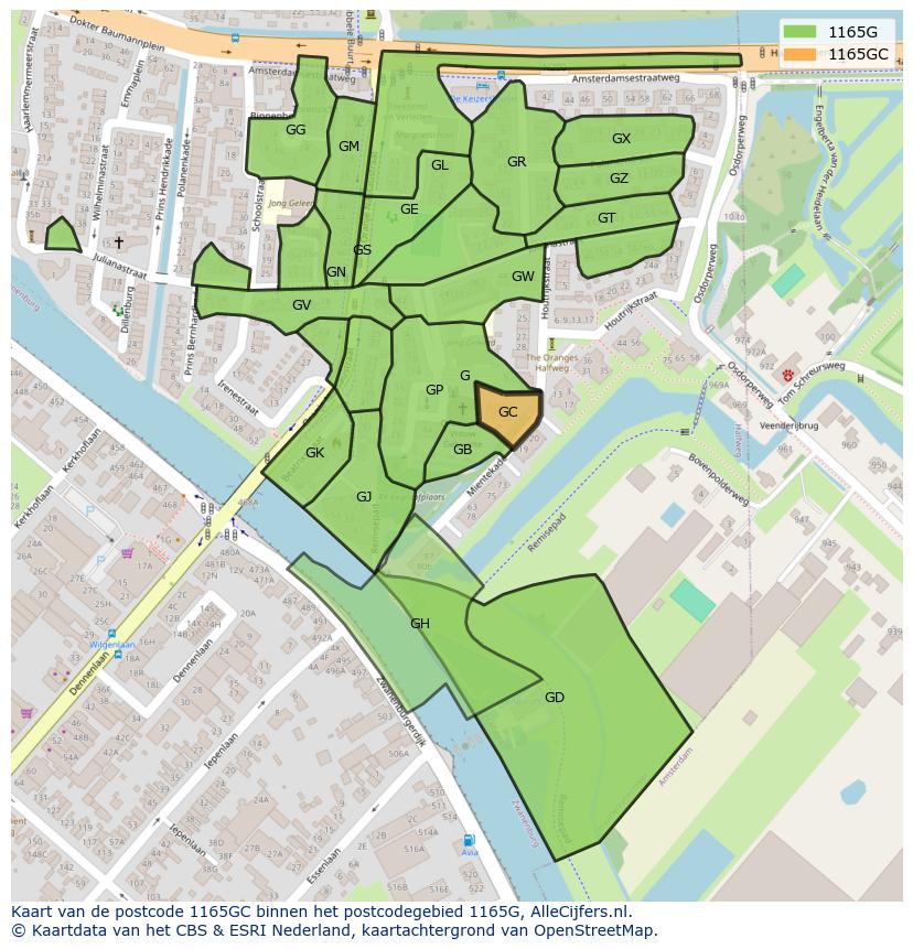 Afbeelding van het postcodegebied 1165 GC op de kaart.