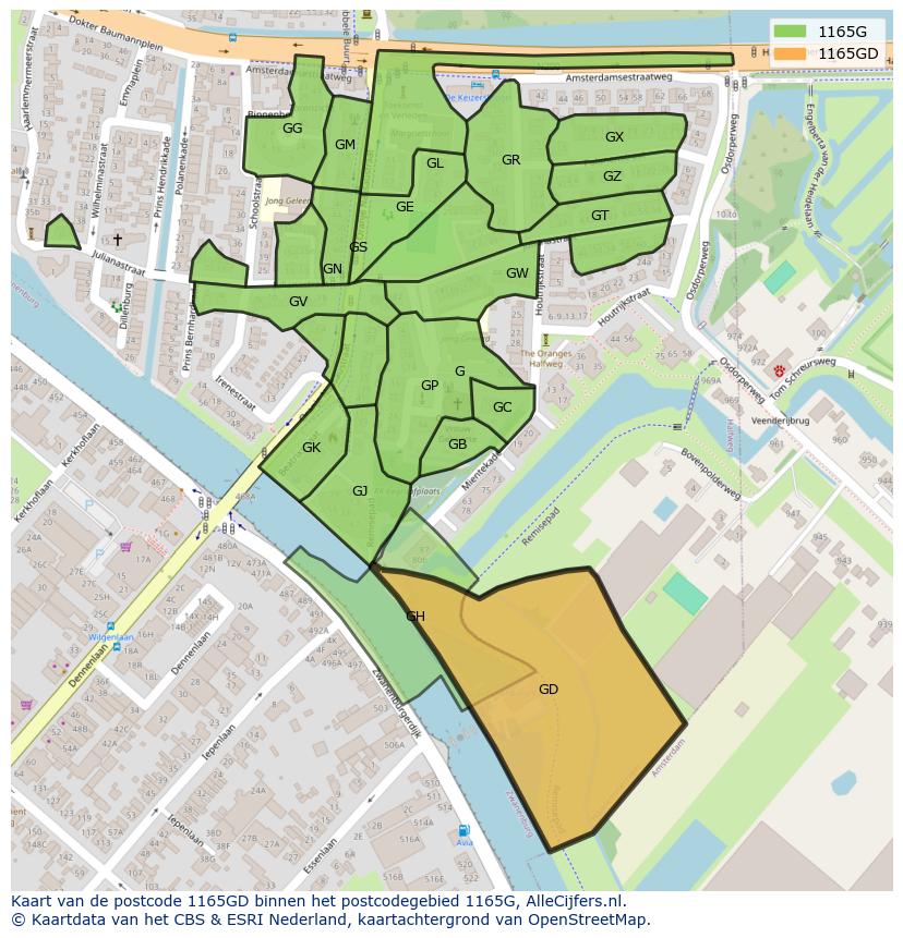 Afbeelding van het postcodegebied 1165 GD op de kaart.