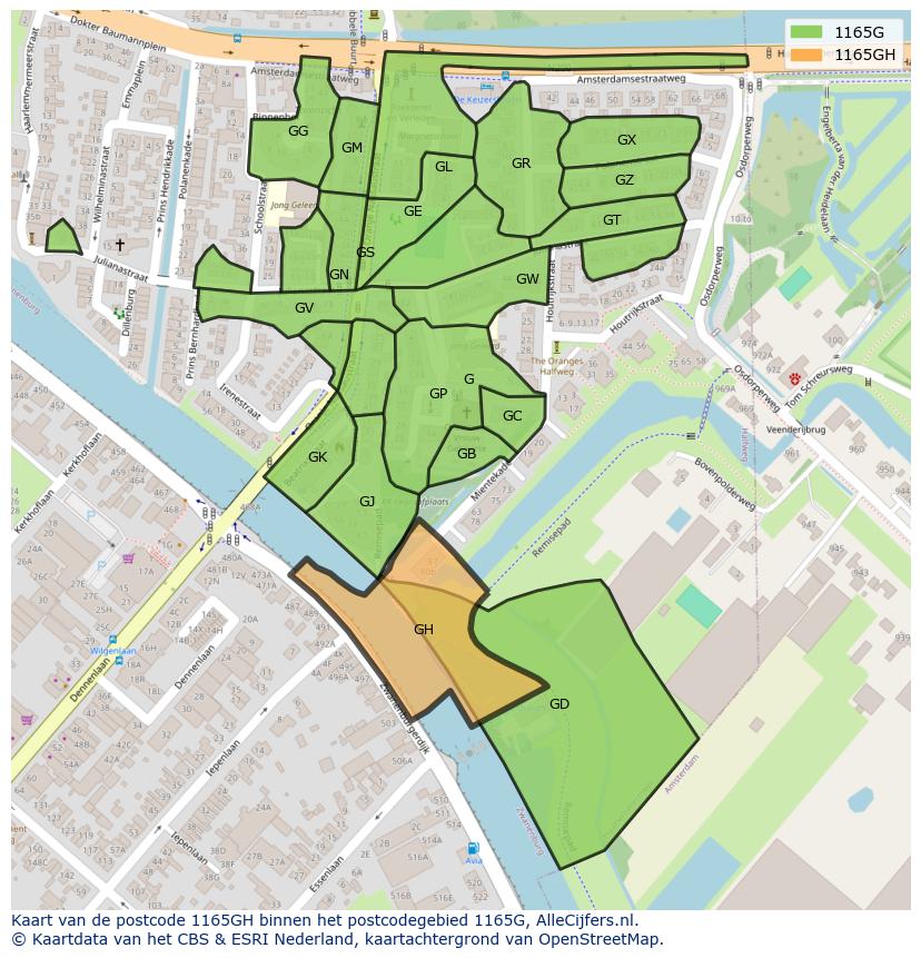 Afbeelding van het postcodegebied 1165 GH op de kaart.