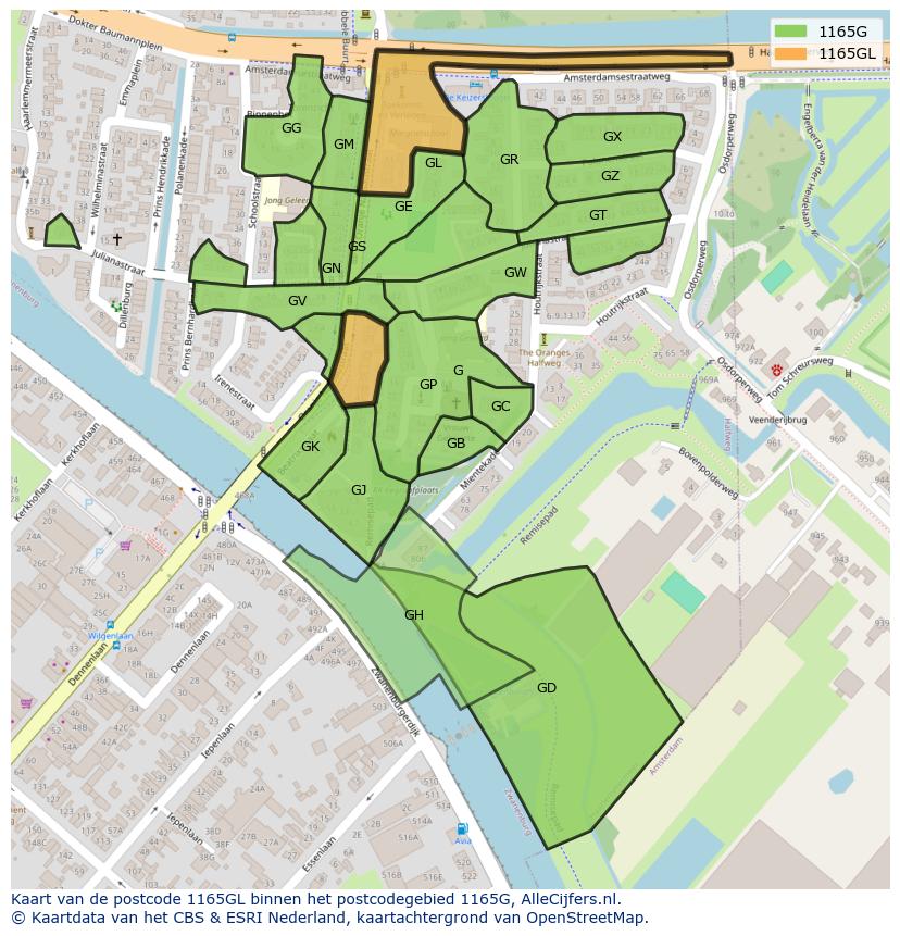 Afbeelding van het postcodegebied 1165 GL op de kaart.