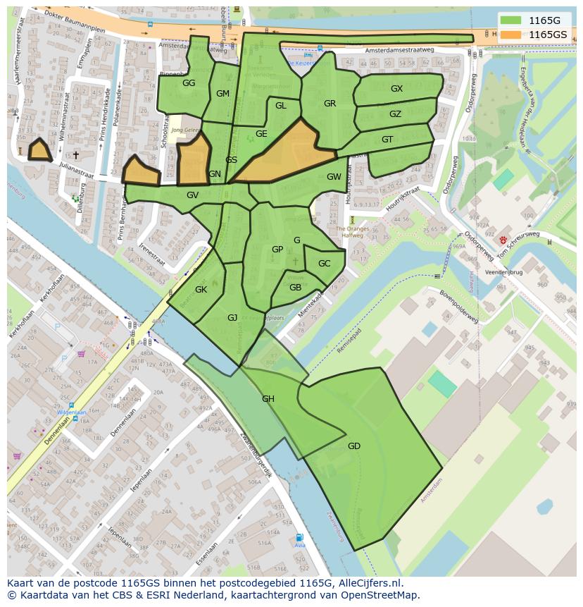 Afbeelding van het postcodegebied 1165 GS op de kaart.
