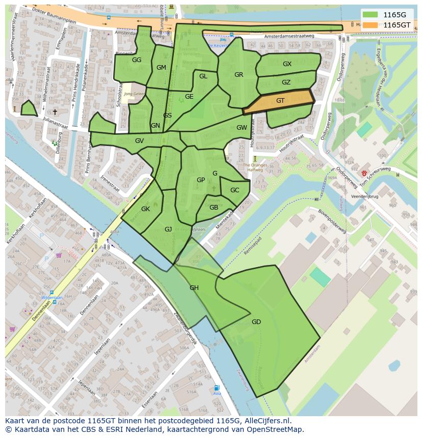 Afbeelding van het postcodegebied 1165 GT op de kaart.