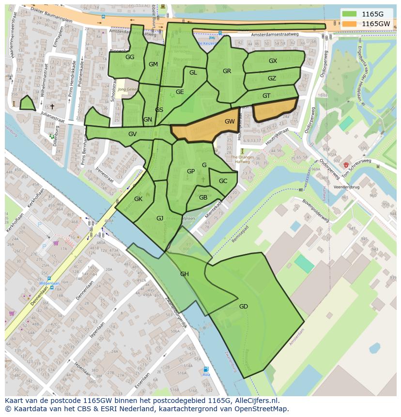 Afbeelding van het postcodegebied 1165 GW op de kaart.