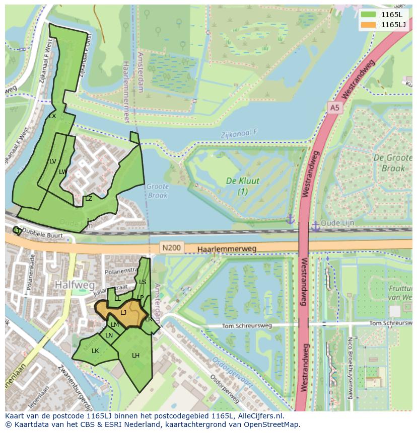 Afbeelding van het postcodegebied 1165 LJ op de kaart.