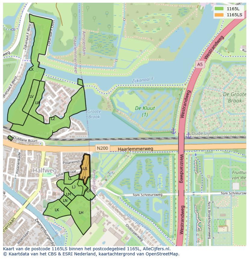 Afbeelding van het postcodegebied 1165 LS op de kaart.