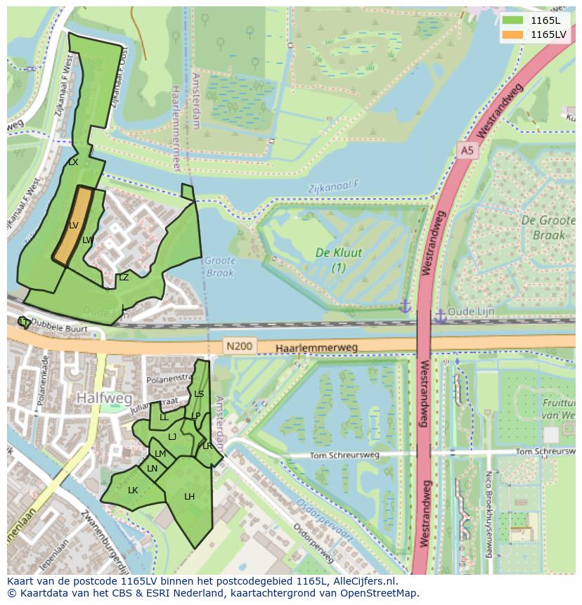 Afbeelding van het postcodegebied 1165 LV op de kaart.