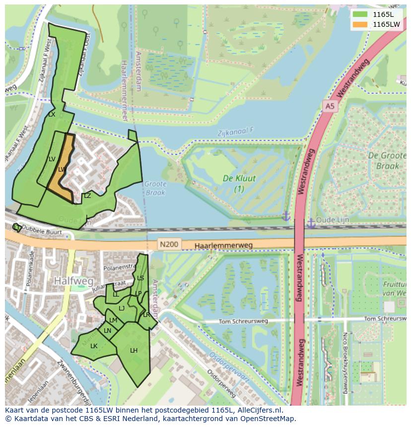 Afbeelding van het postcodegebied 1165 LW op de kaart.