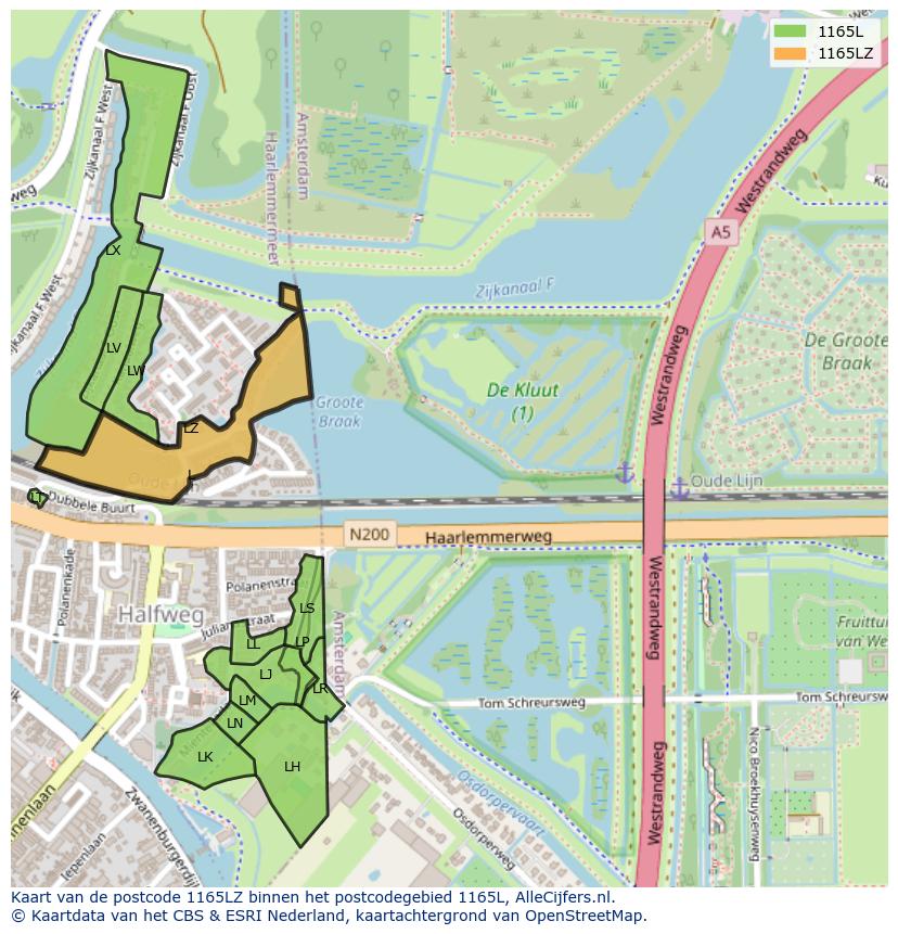 Afbeelding van het postcodegebied 1165 LZ op de kaart.