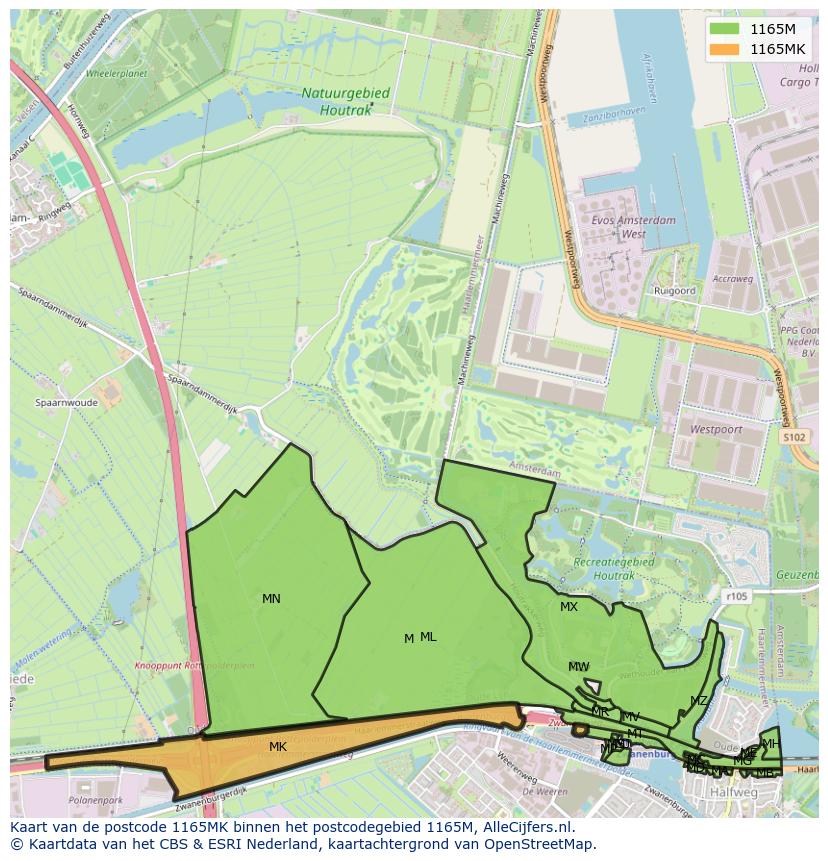 Afbeelding van het postcodegebied 1165 MK op de kaart.