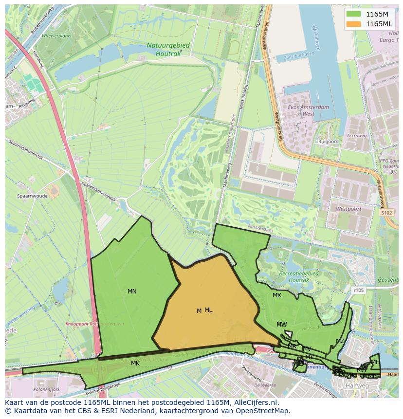 Afbeelding van het postcodegebied 1165 ML op de kaart.