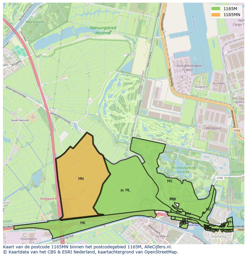 Afbeelding van het postcodegebied 1165 MN op de kaart.
