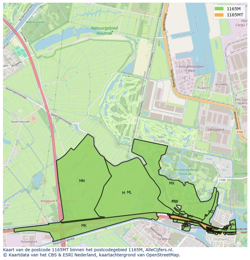 Afbeelding van het postcodegebied 1165 MT op de kaart.