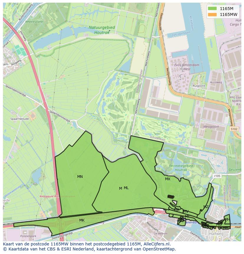 Afbeelding van het postcodegebied 1165 MW op de kaart.