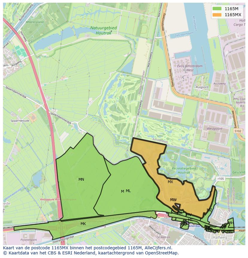 Afbeelding van het postcodegebied 1165 MX op de kaart.