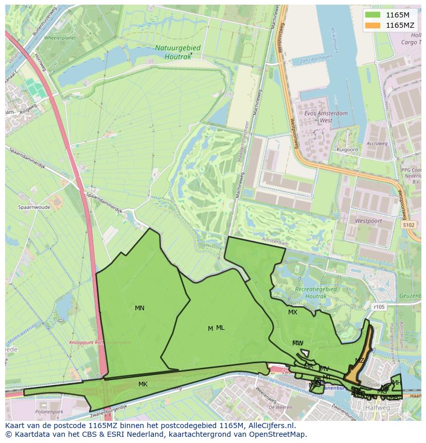 Afbeelding van het postcodegebied 1165 MZ op de kaart.