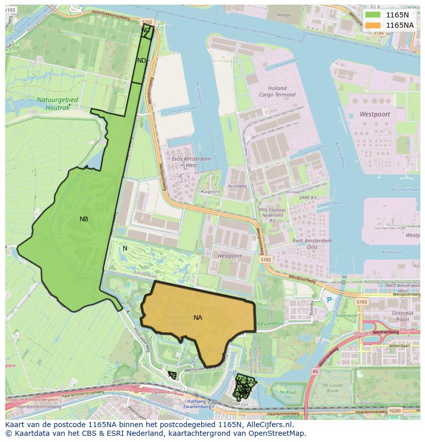 Afbeelding van het postcodegebied 1165 NA op de kaart.
