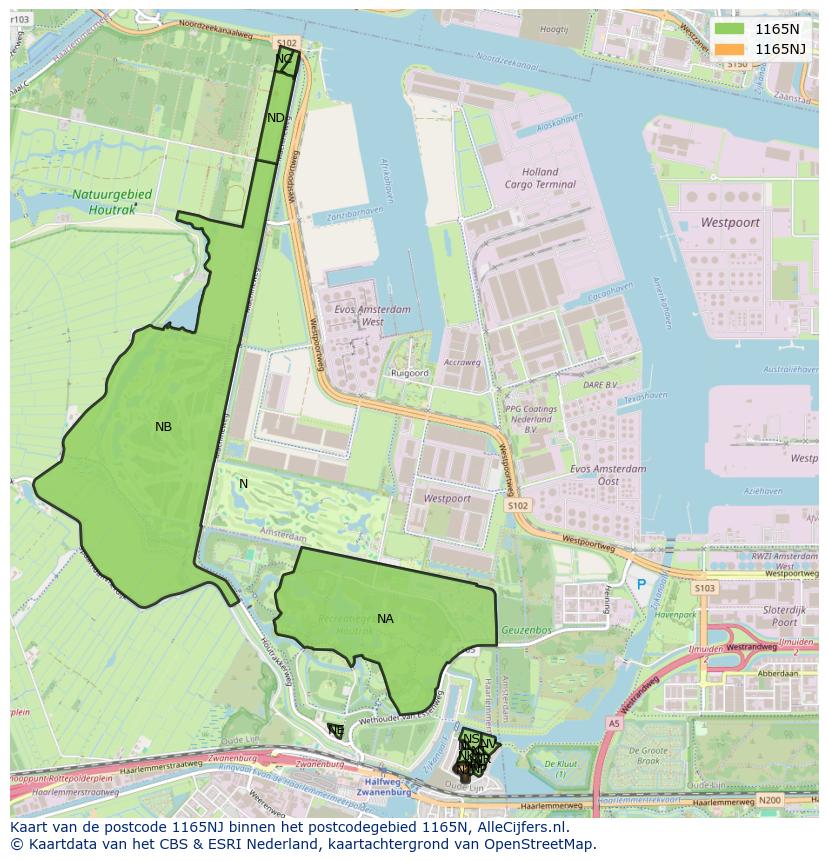 Afbeelding van het postcodegebied 1165 NJ op de kaart.