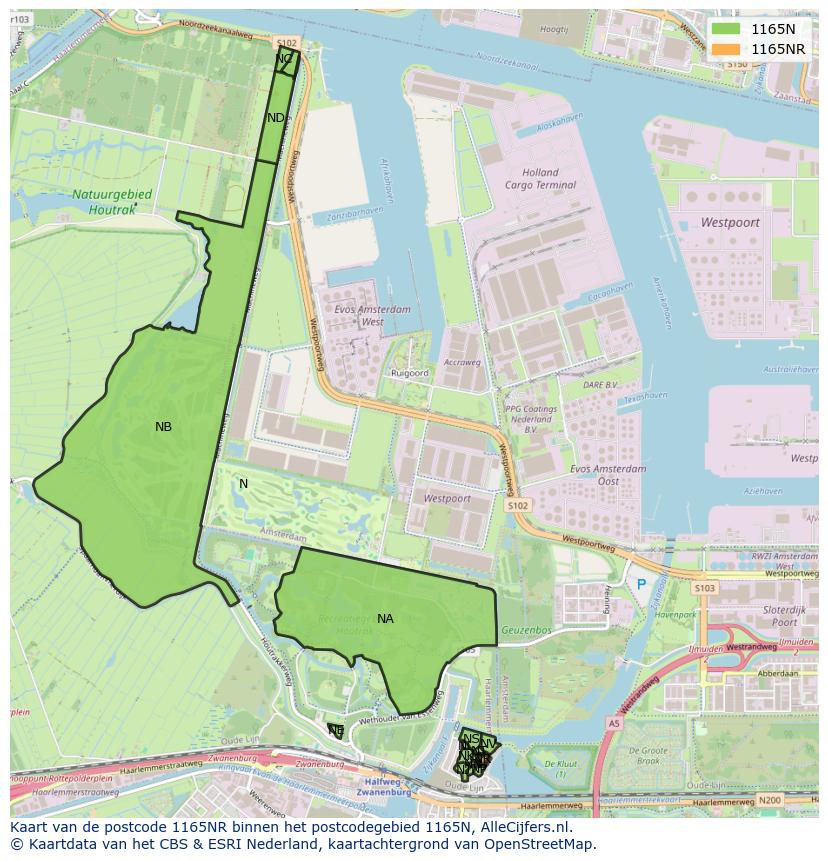 Afbeelding van het postcodegebied 1165 NR op de kaart.